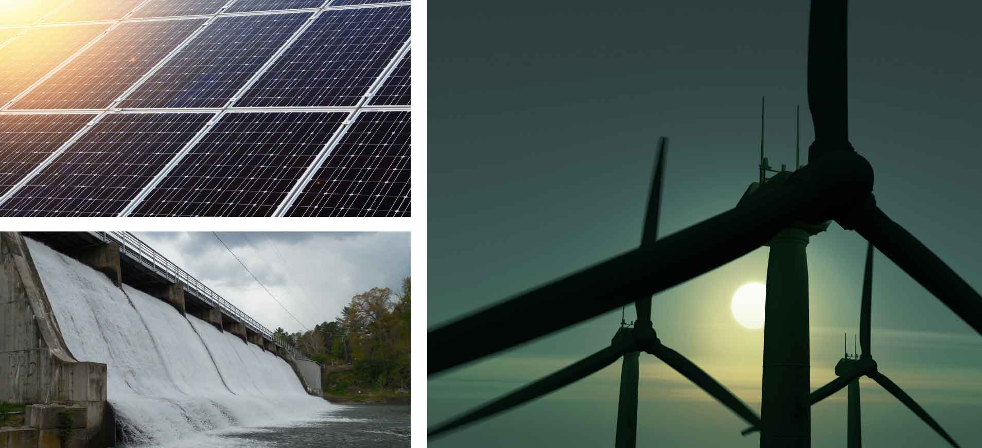 Three images of renewable energy sources with windmills, geothermal plant and solar panels.